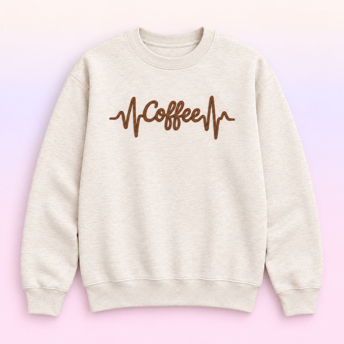 Coffee Heartbeat Crewneck Sweatshirt – Coffee Lover Faux Embroidery-Style Pullover