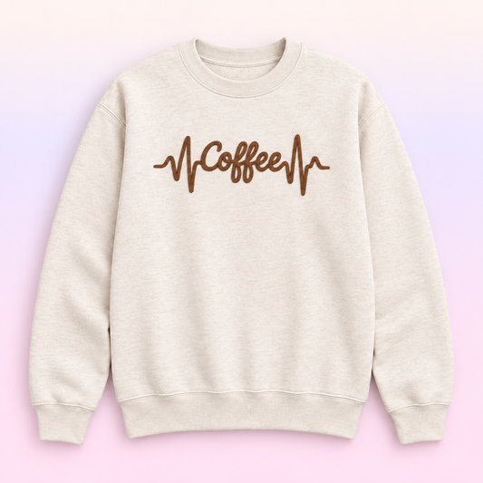 Coffee Heartbeat Crewneck Sweatshirt – Coffee Lover Faux Embroidery-Style Pullover