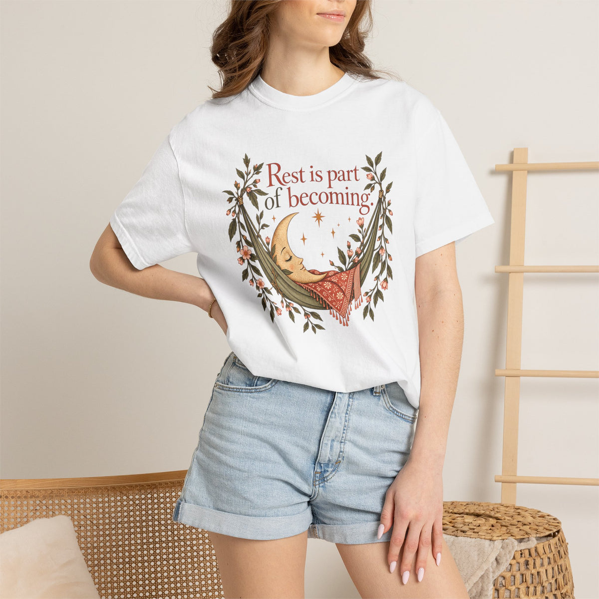 Rest Is Part of Becoming T-Shirt — Relaxation Graphic Tee with Hammock and Floral Design