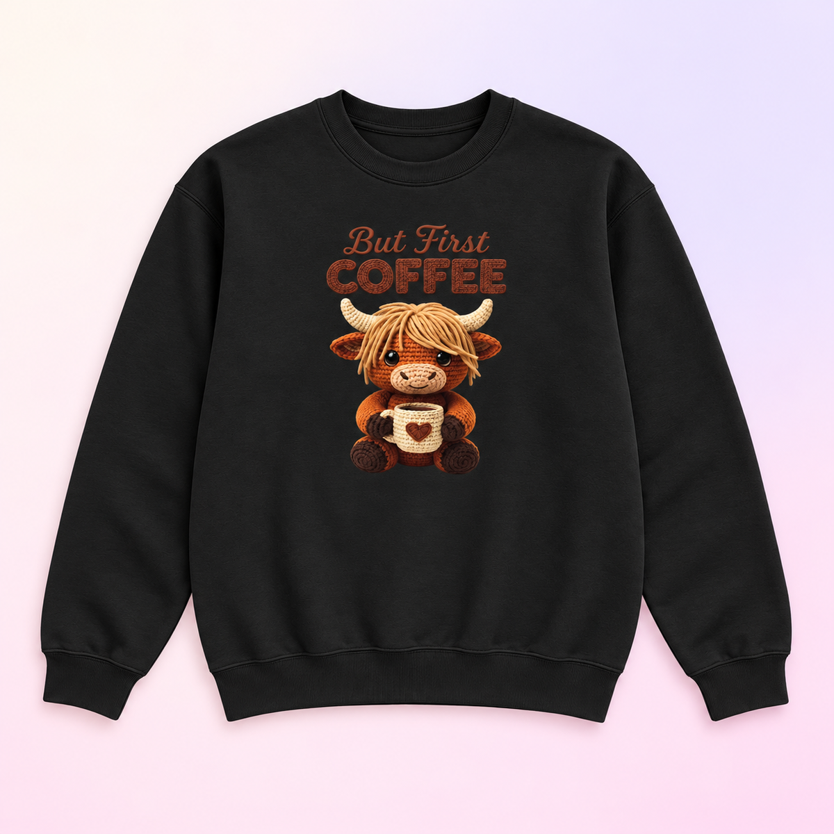 But First Coffee Highland Cow Crewneck Sweatshirt – Coffee Lover Gift