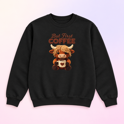 But First Coffee Highland Cow Crewneck Sweatshirt – Coffee Lover Gift