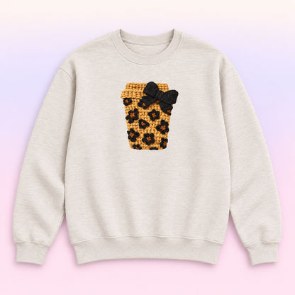Floral Coffee Cup & Bow Crewneck Sweatshirt – Cozy Coffee Lover Gift
