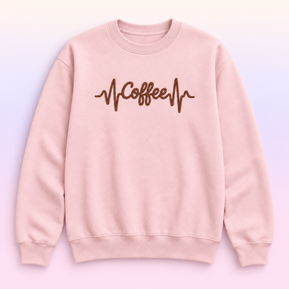 Coffee Heartbeat Crewneck Sweatshirt – Coffee Lover Faux Embroidery-Style Pullover