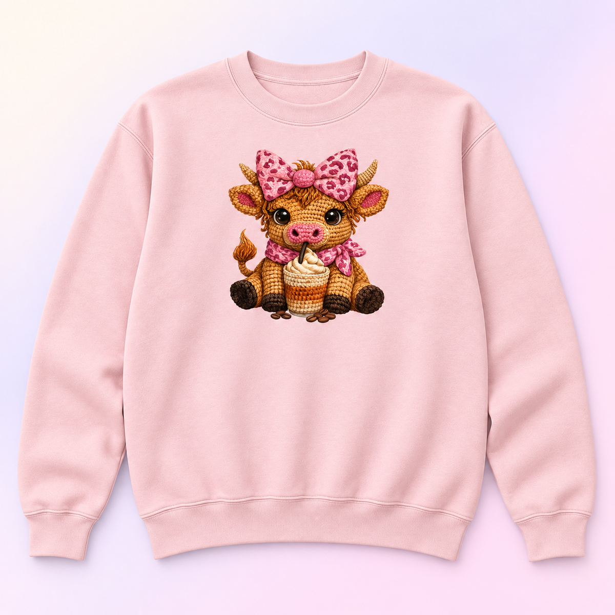 Pink Bow Coffee Cow Crewneck Sweatshirt – Cute Highland Cow Gift
