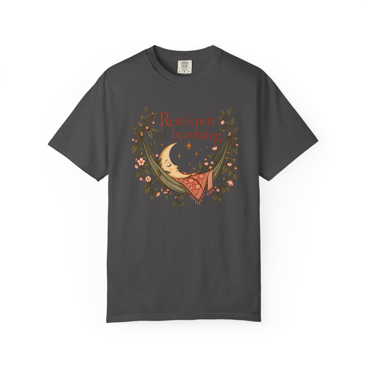 Rest Is Part of Becoming T-Shirt — Relaxation Graphic Tee with Hammock and Floral Design