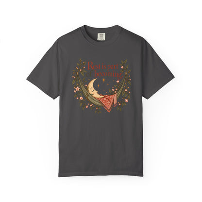 Rest Is Part of Becoming T-Shirt — Relaxation Graphic Tee with Hammock and Floral Design