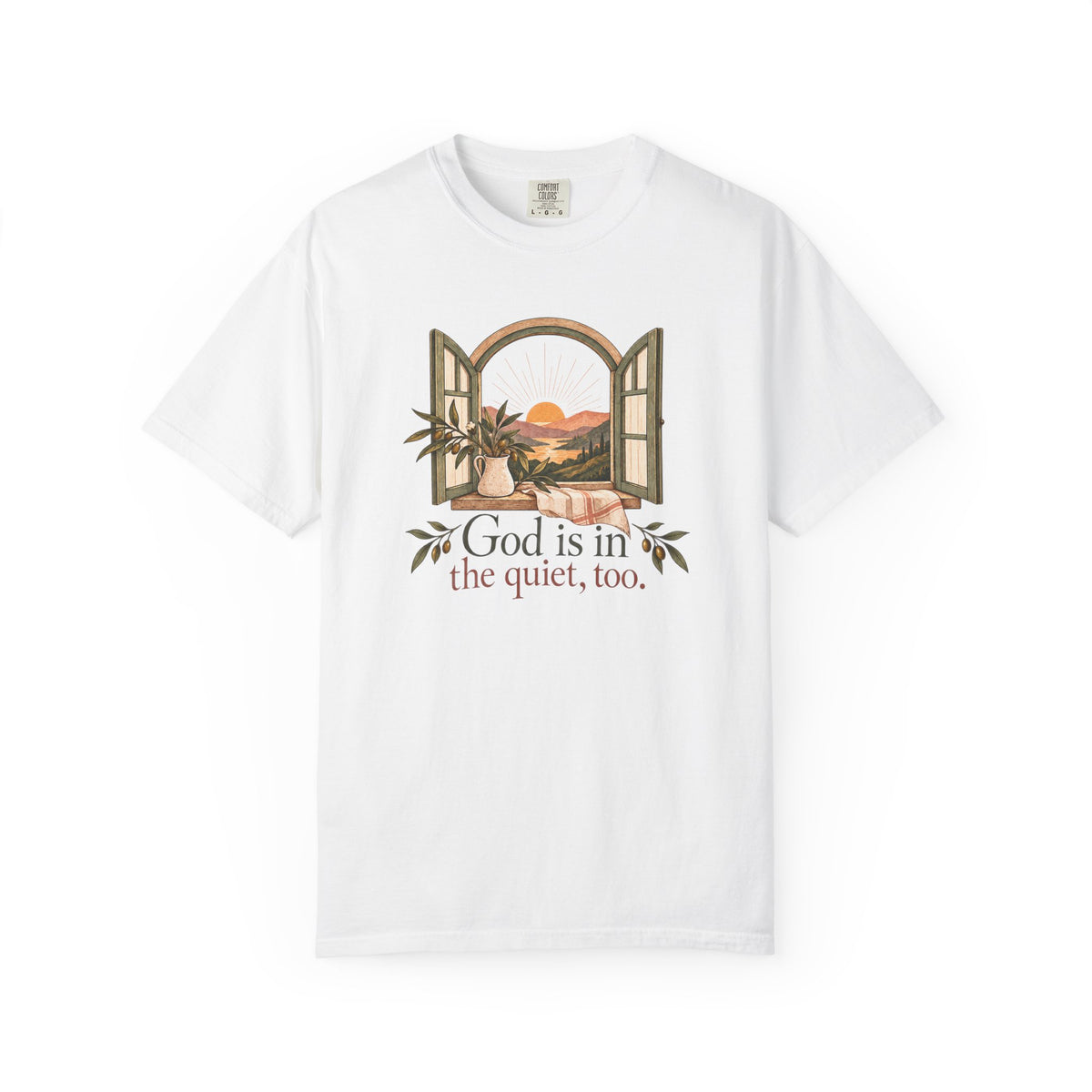 God Is in the Quiet Tee — Scenic Window Sunset Christian T-Shirt