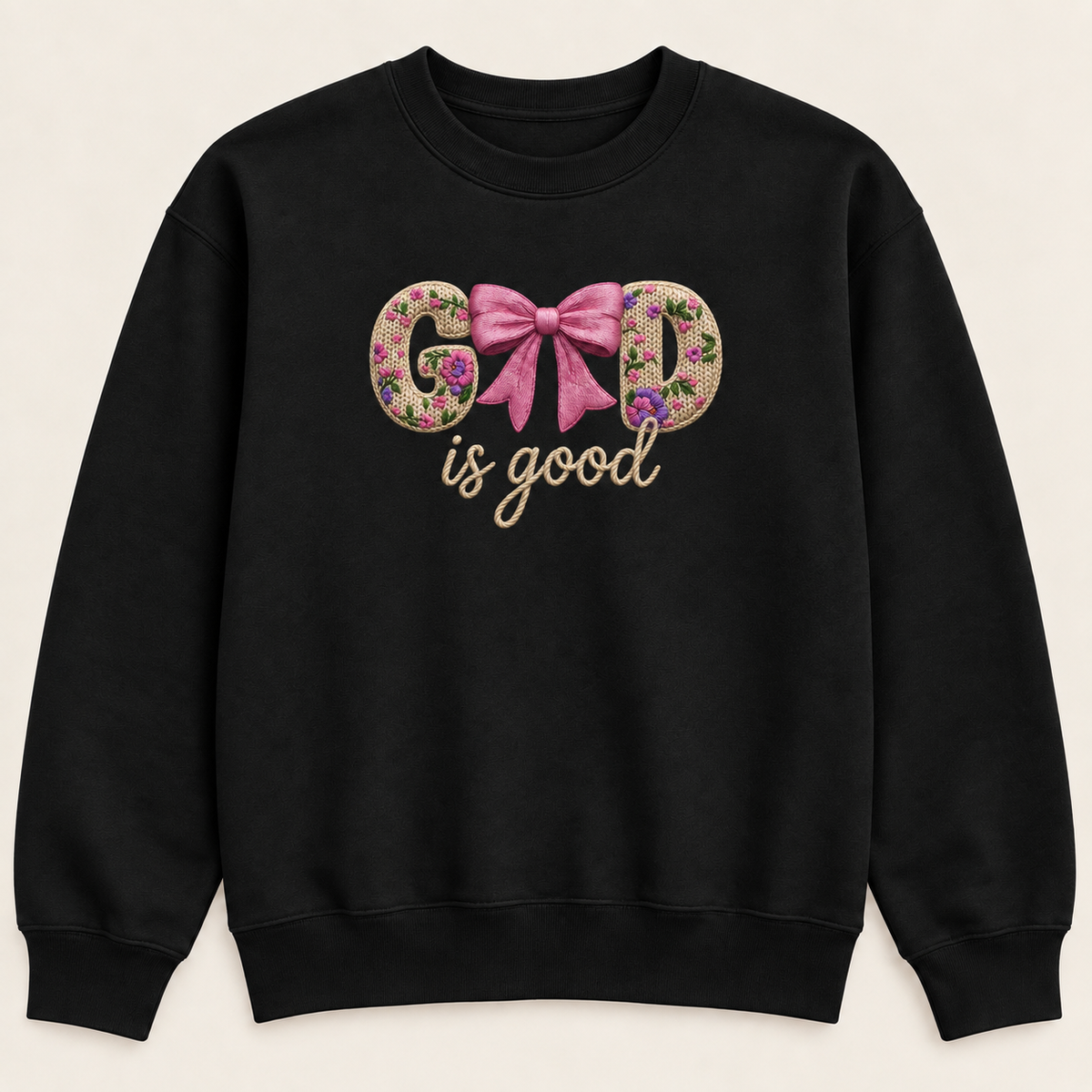 God Is Good Floral Bow Crewneck Sweatshirt, Christian Faith Pullover, Faux Embroidery-Style Printed Graphic