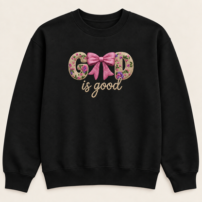 God Is Good Floral Bow Crewneck Sweatshirt, Christian Faith Pullover, Faux Embroidery-Style Printed Graphic