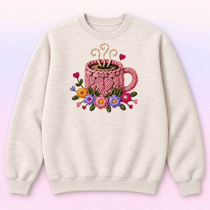Pink Floral Coffee Mug Crewneck Sweatshirt – Coffee Lover Gift