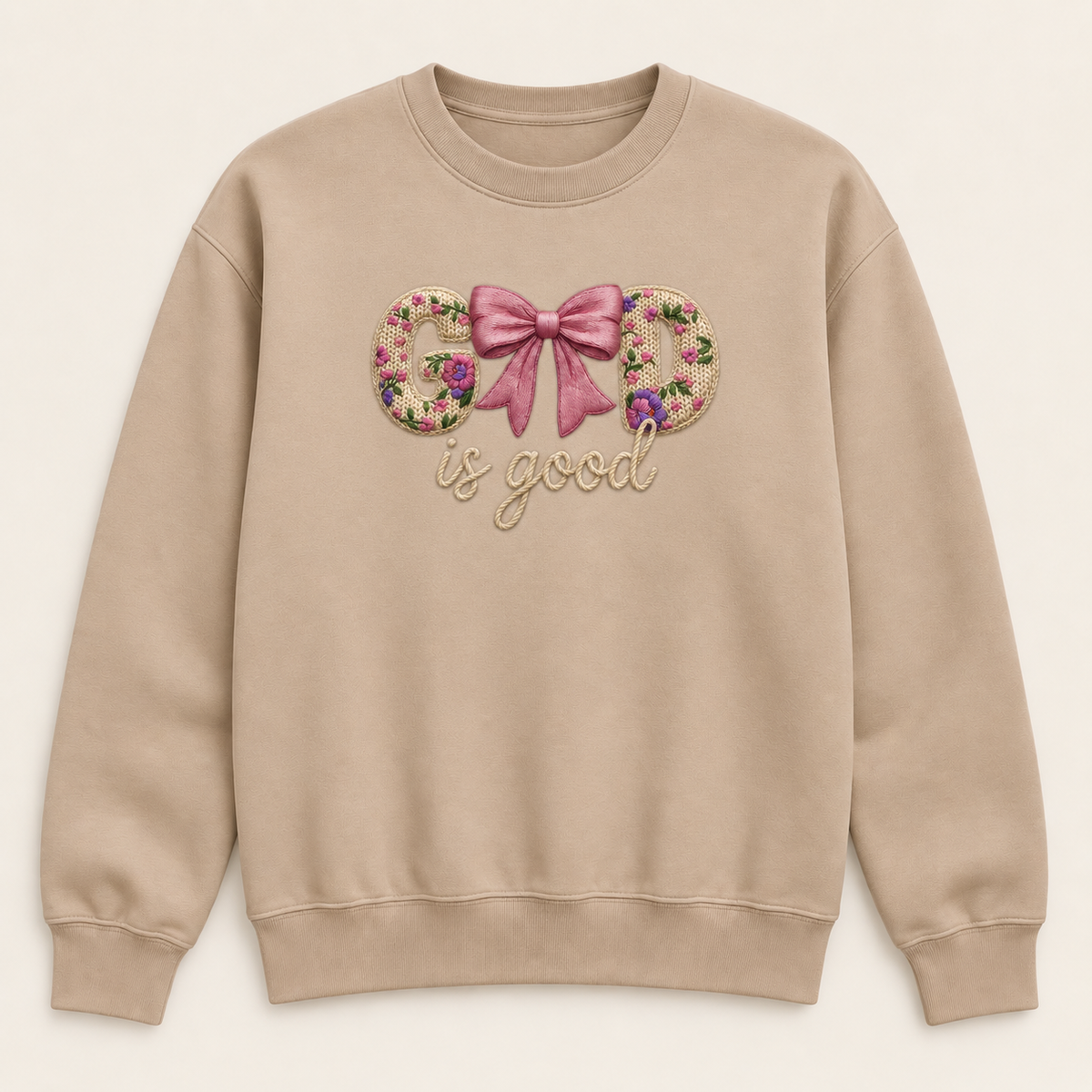 God Is Good Floral Bow Crewneck Sweatshirt, Christian Faith Pullover, Faux Embroidery-Style Printed Graphic