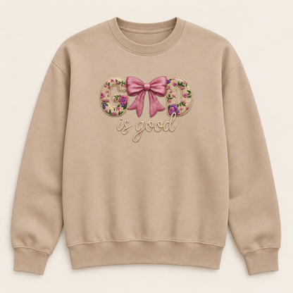 God Is Good Floral Bow Crewneck Sweatshirt, Christian Faith Pullover, Faux Embroidery-Style Printed Graphic