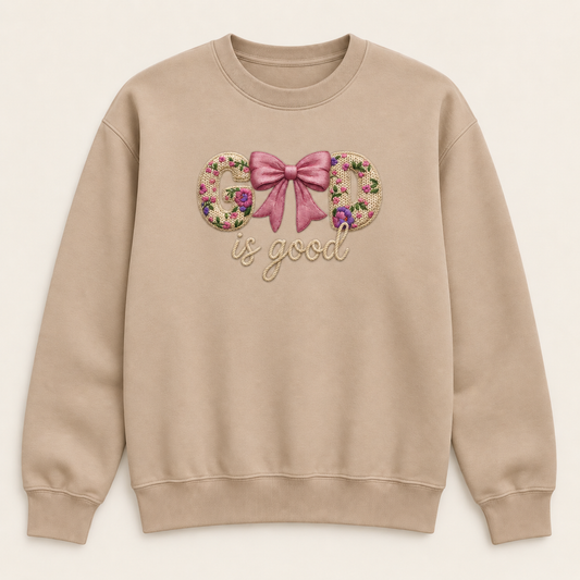 God Is Good Floral Bow Crewneck Sweatshirt, Christian Faith Pullover, Faux Embroidery-Style Printed Graphic