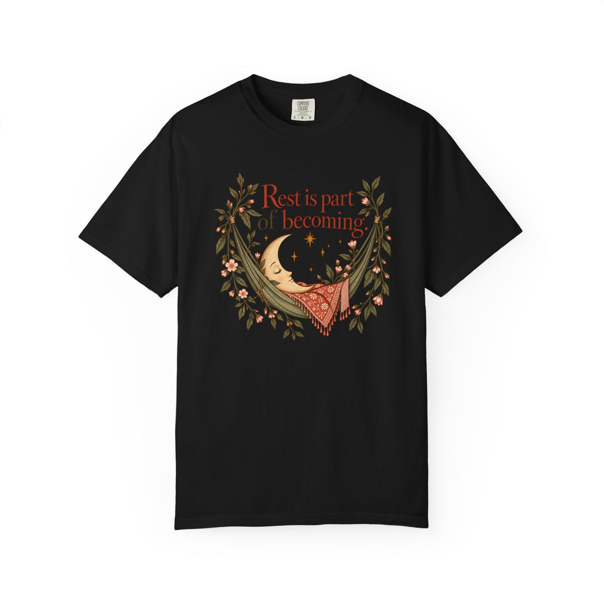 Rest Is Part of Becoming T-Shirt — Relaxation Graphic Tee with Hammock and Floral Design