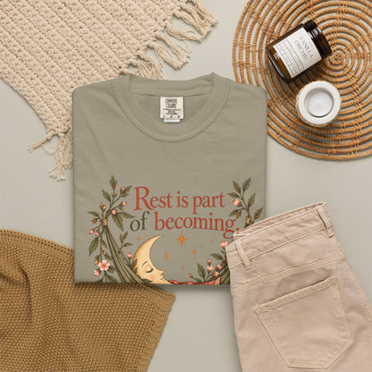 Rest Is Part of Becoming T-Shirt — Relaxation Graphic Tee with Hammock and Floral Design