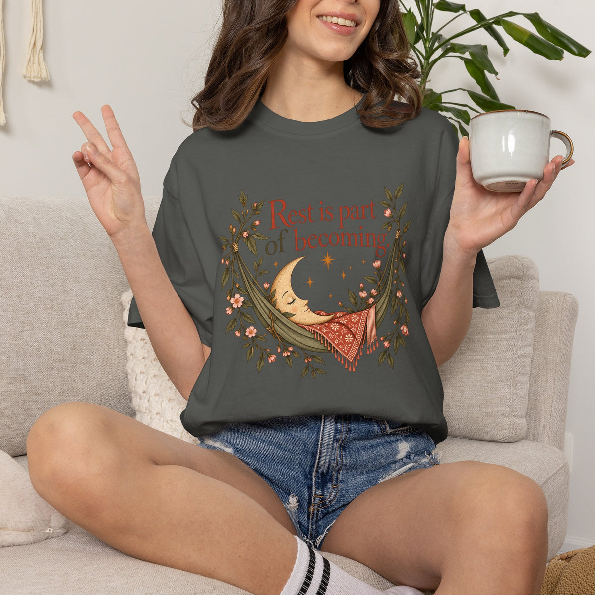 Rest Is Part of Becoming T-Shirt — Relaxation Graphic Tee with Hammock and Floral Design