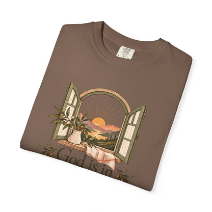 God Is in the Quiet Tee — Scenic Window Sunset Christian T-Shirt