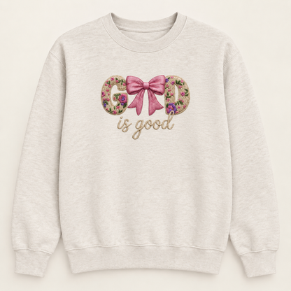 God Is Good Floral Bow Crewneck Sweatshirt, Christian Faith Pullover, Faux Embroidery-Style Printed Graphic