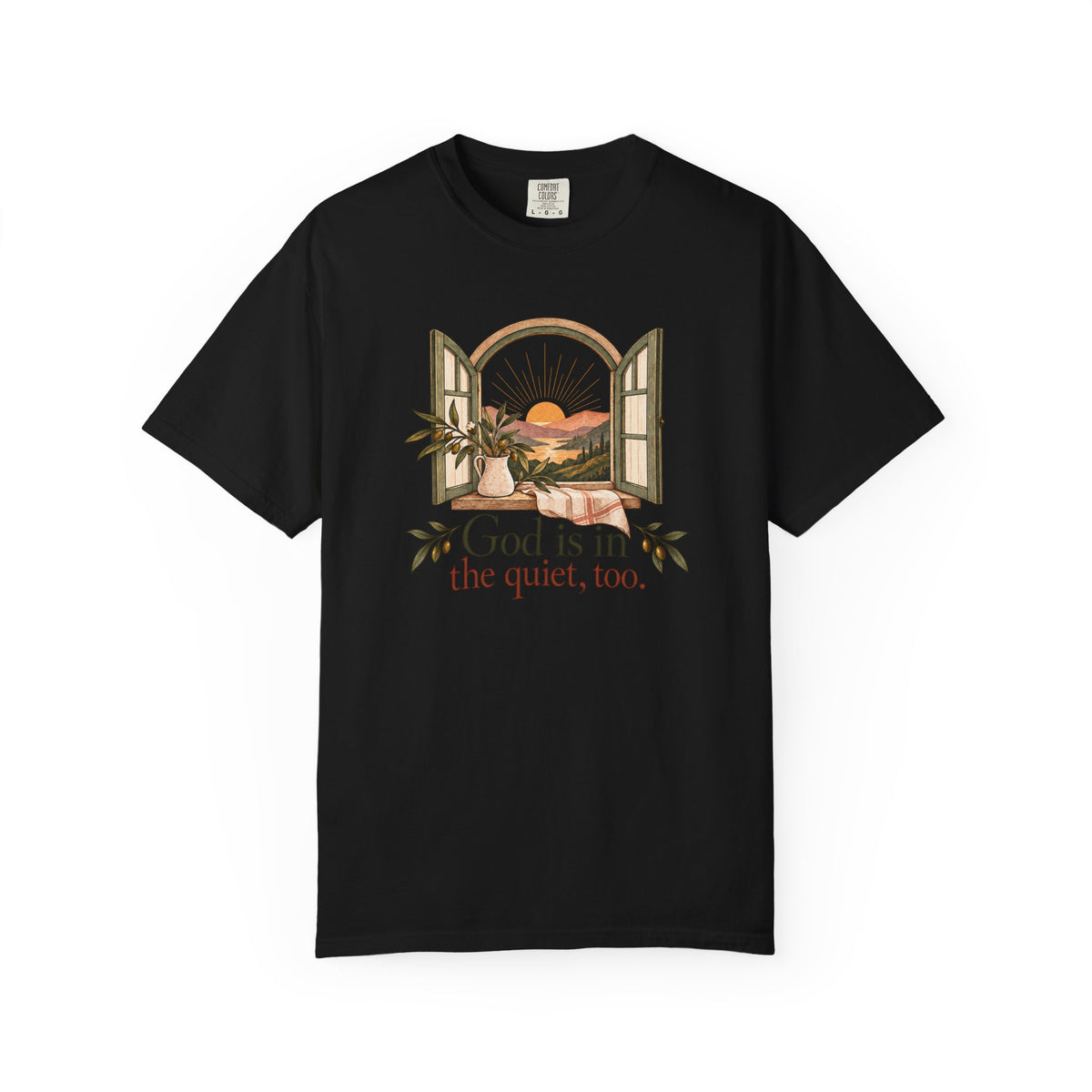 God Is in the Quiet Tee — Scenic Window Sunset Christian T-Shirt