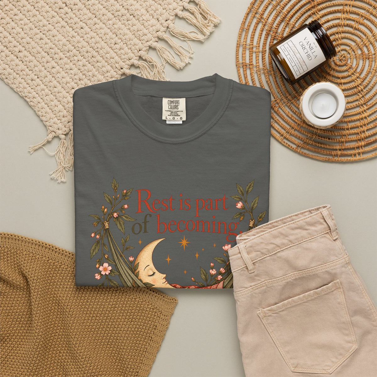 Rest Is Part of Becoming T-Shirt — Relaxation Graphic Tee with Hammock and Floral Design