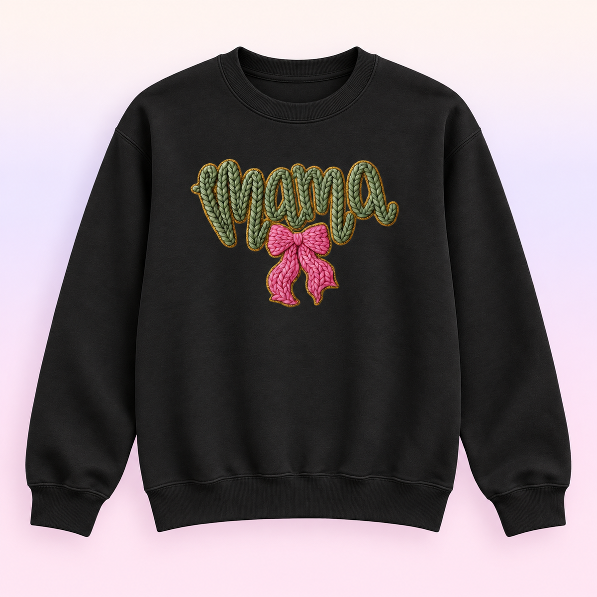 Mama Pink Bow Crewneck Sweatshirt – Green Faux Knit Motherhood Pullover