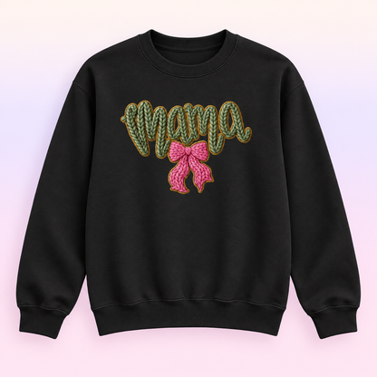Mama Pink Bow Crewneck Sweatshirt – Green Faux Knit Motherhood Pullover
