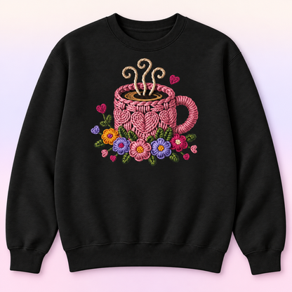 Pink Floral Coffee Mug Crewneck Sweatshirt – Coffee Lover Gift