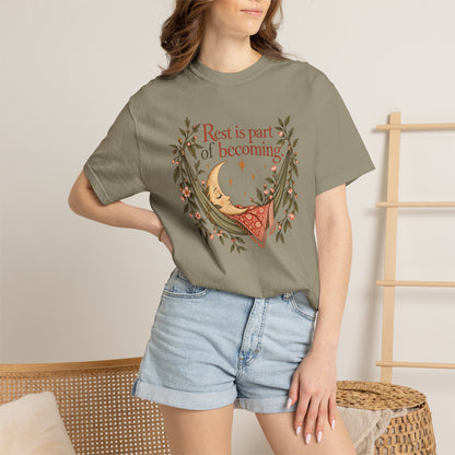 Rest Is Part of Becoming T-Shirt — Relaxation Graphic Tee with Hammock and Floral Design