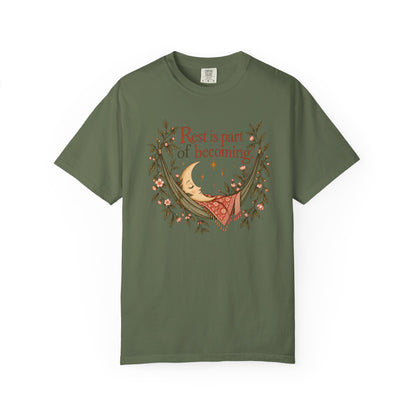 Rest Is Part of Becoming T-Shirt — Relaxation Graphic Tee with Hammock and Floral Design