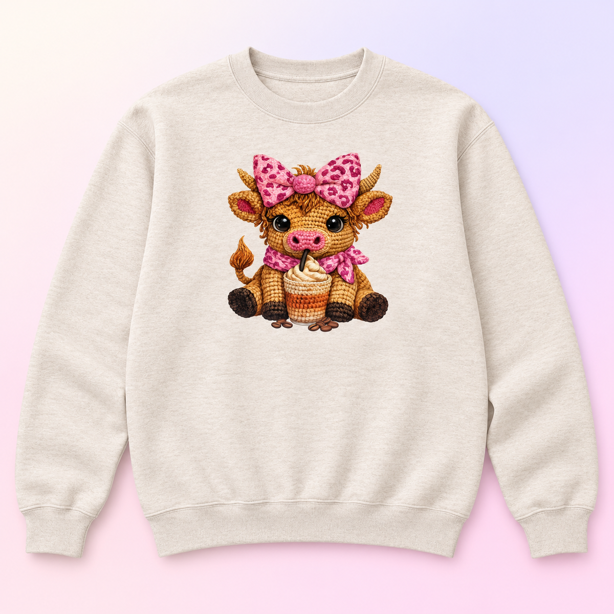 Pink Bow Coffee Cow Crewneck Sweatshirt – Cute Highland Cow Gift