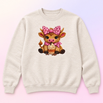 Pink Bow Coffee Cow Crewneck Sweatshirt – Cute Highland Cow Gift