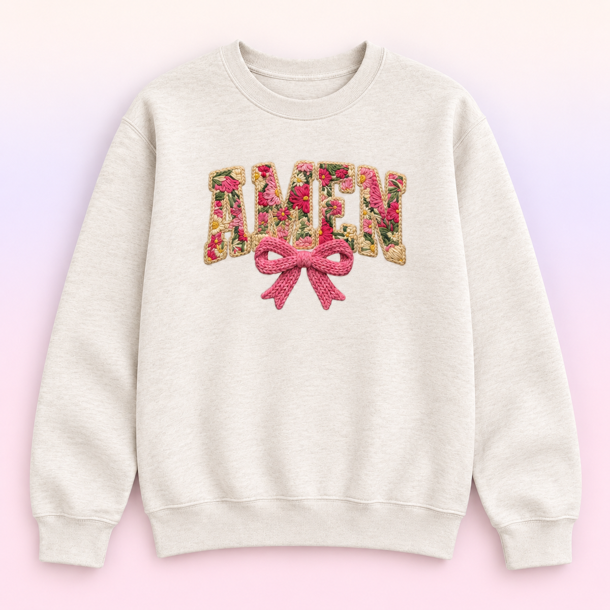 Amen Floral Bow Christian Crewneck Sweatshirt – Faux Embroidery-Style Faith Pullover