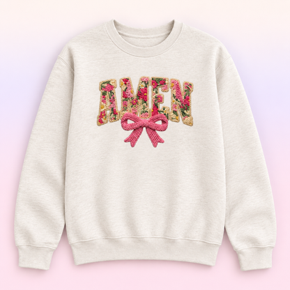 Amen Floral Bow Christian Crewneck Sweatshirt – Faux Embroidery-Style Faith Pullover
