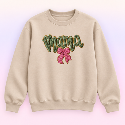 Mama Pink Bow Crewneck Sweatshirt – Green Faux Knit Motherhood Pullover