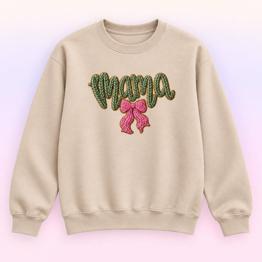 Mama Pink Bow Crewneck Sweatshirt – Green Faux Knit Motherhood Pullover