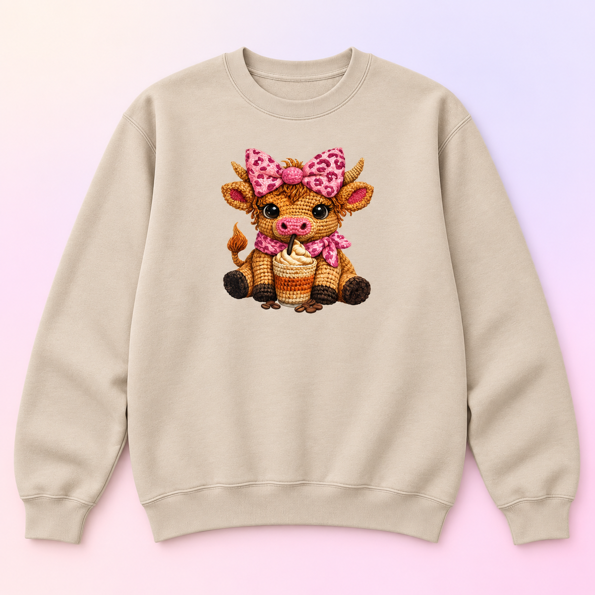 Pink Bow Coffee Cow Crewneck Sweatshirt – Cute Highland Cow Gift