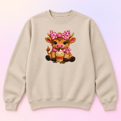 Pink Bow Coffee Cow Crewneck Sweatshirt – Cute Highland Cow Gift