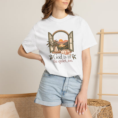 God Is in the Quiet Tee — Scenic Window Sunset Christian T-Shirt