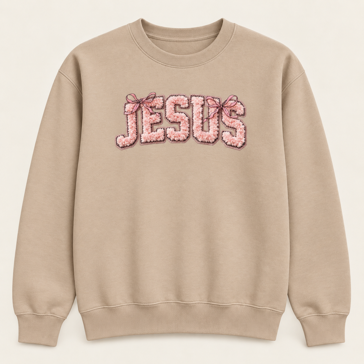 Jesus Bow Graphic Crewneck Sweatshirt, Pink Christian Faith Pullover, Faux Chenille-Style Printed Design