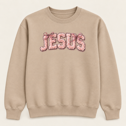 Jesus Bow Graphic Crewneck Sweatshirt, Pink Christian Faith Pullover, Faux Chenille-Style Printed Design