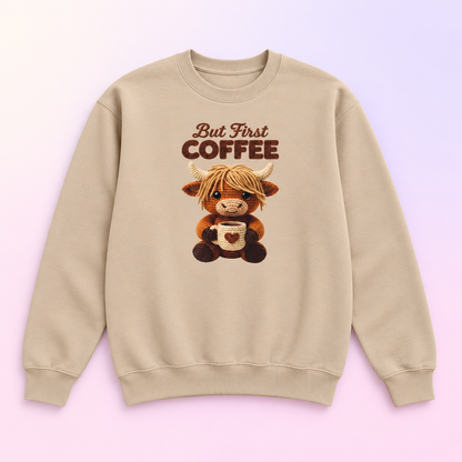 But First Coffee Highland Cow Crewneck Sweatshirt – Coffee Lover Gift