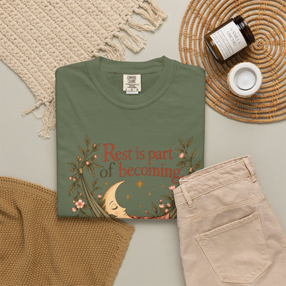 Rest Is Part of Becoming T-Shirt — Relaxation Graphic Tee with Hammock and Floral Design