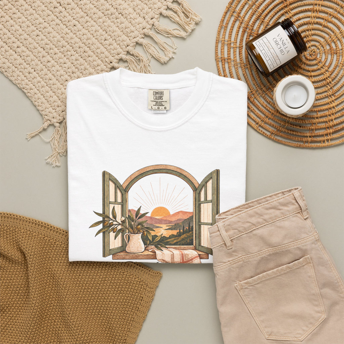 God Is in the Quiet Tee — Scenic Window Sunset Christian T-Shirt