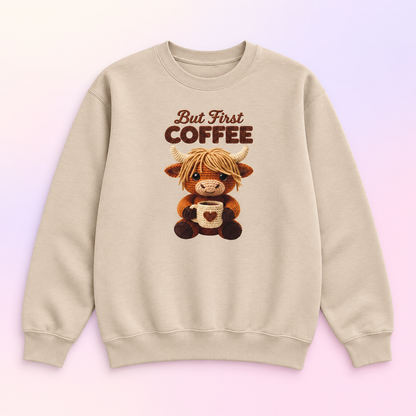 But First Coffee Highland Cow Crewneck Sweatshirt – Coffee Lover Gift
