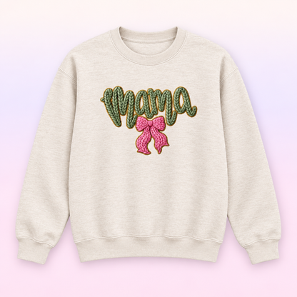 Mama Pink Bow Crewneck Sweatshirt – Green Faux Knit Motherhood Pullover