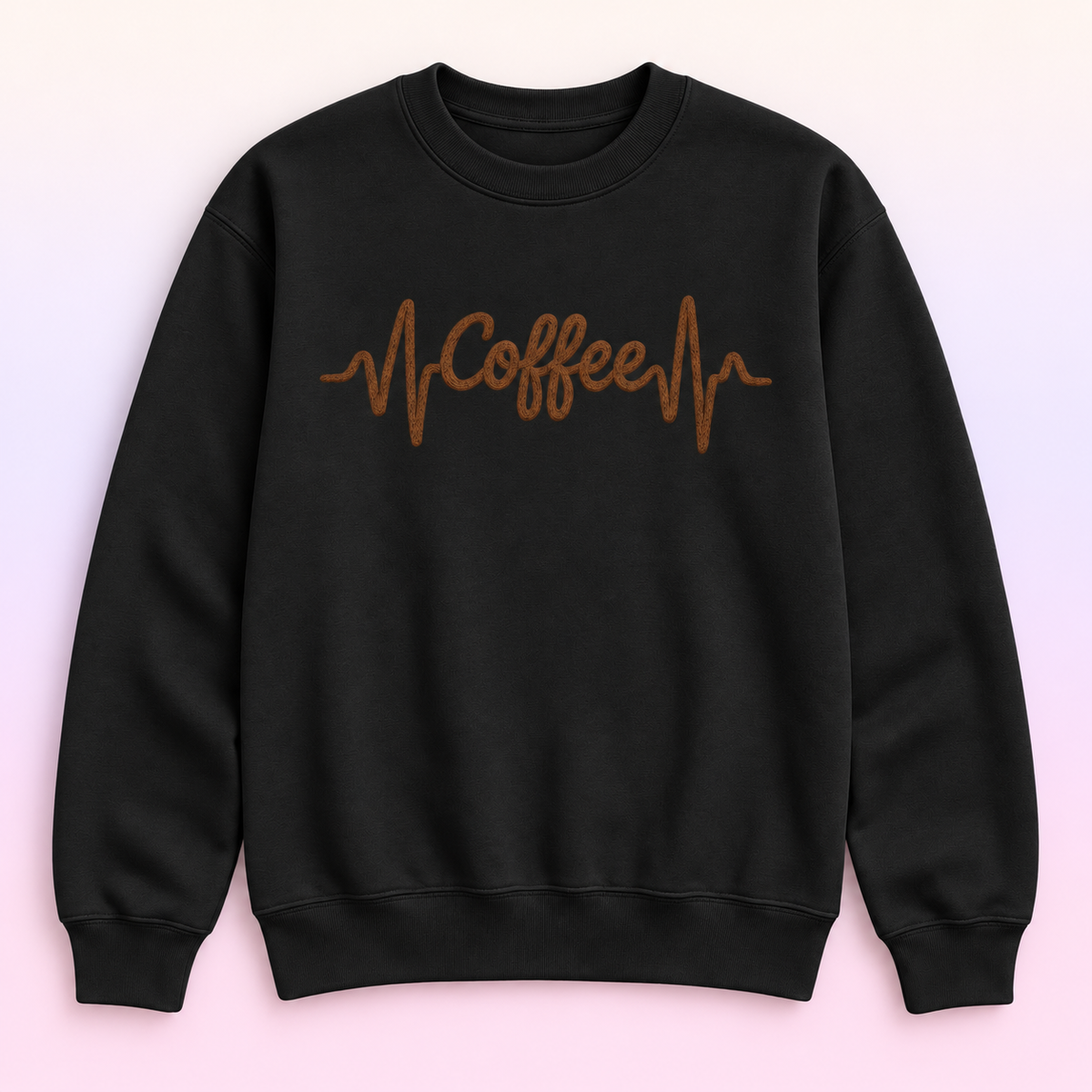 Coffee Heartbeat Crewneck Sweatshirt – Coffee Lover Faux Embroidery-Style Pullover