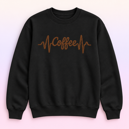 Coffee Heartbeat Crewneck Sweatshirt – Coffee Lover Faux Embroidery-Style Pullover