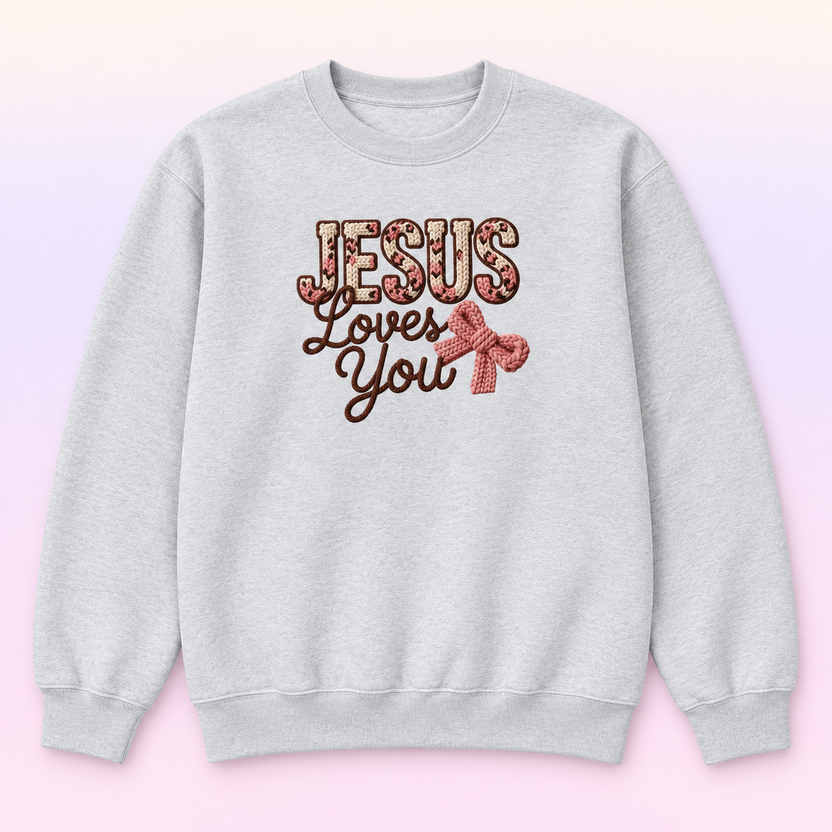 Jesus Loves You Christian Crewneck Sweatshirt – Faux Knit Bow Faith Pullover