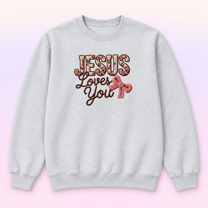 Jesus Loves You Christian Crewneck Sweatshirt – Faux Knit Bow Faith Pullover