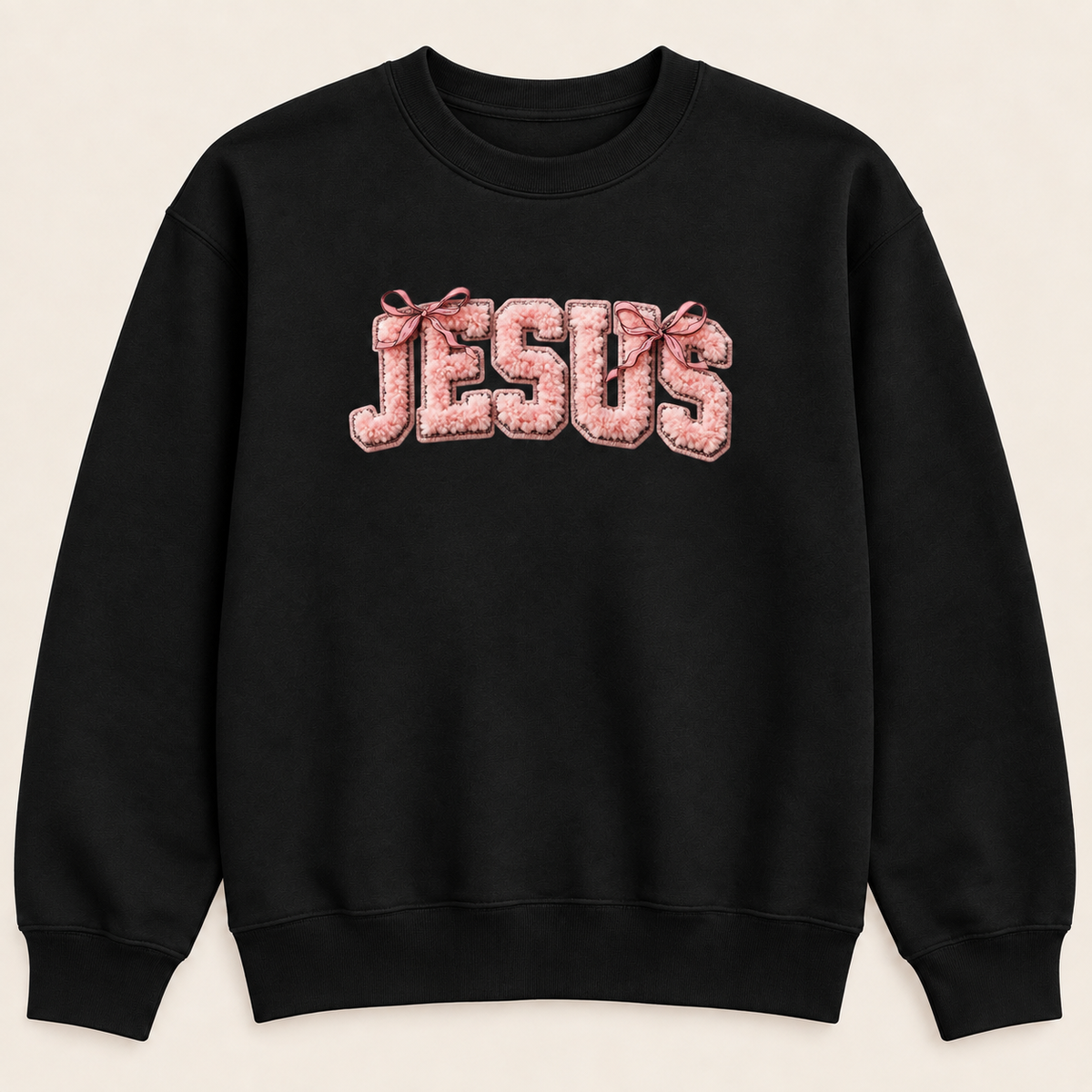 Jesus Bow Graphic Crewneck Sweatshirt, Pink Christian Faith Pullover, Faux Chenille-Style Printed Design